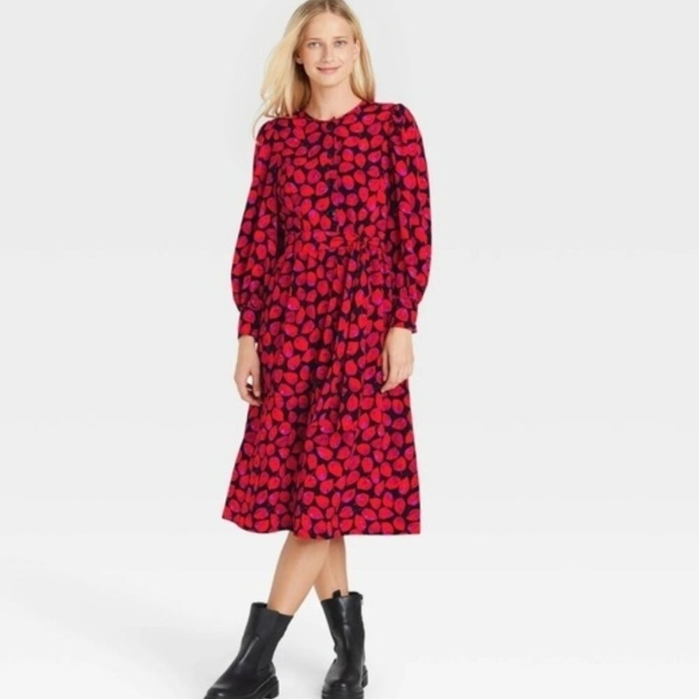 Who What Wear Long Sleeve Button Dress Black Red Floral Leaf | Small